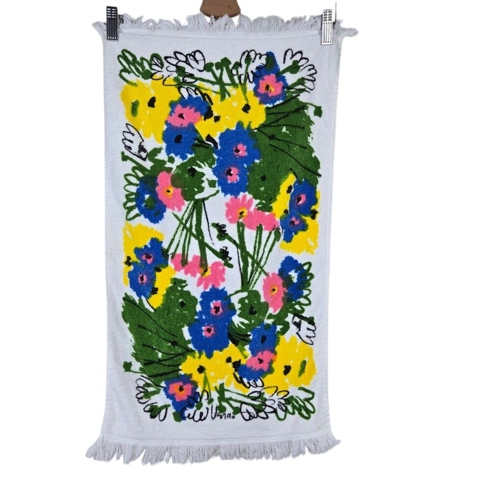 Vintage Vera Neumann Floral Hand Towel White Multicolor Spring 28" x 15"
